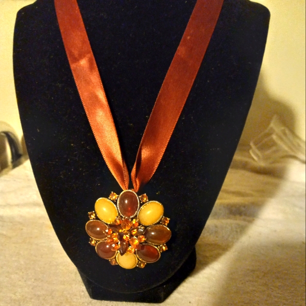 Used,Not New,Never Worn Copper Satin Grosgrain Ribbon Necklace With Drop Pendant